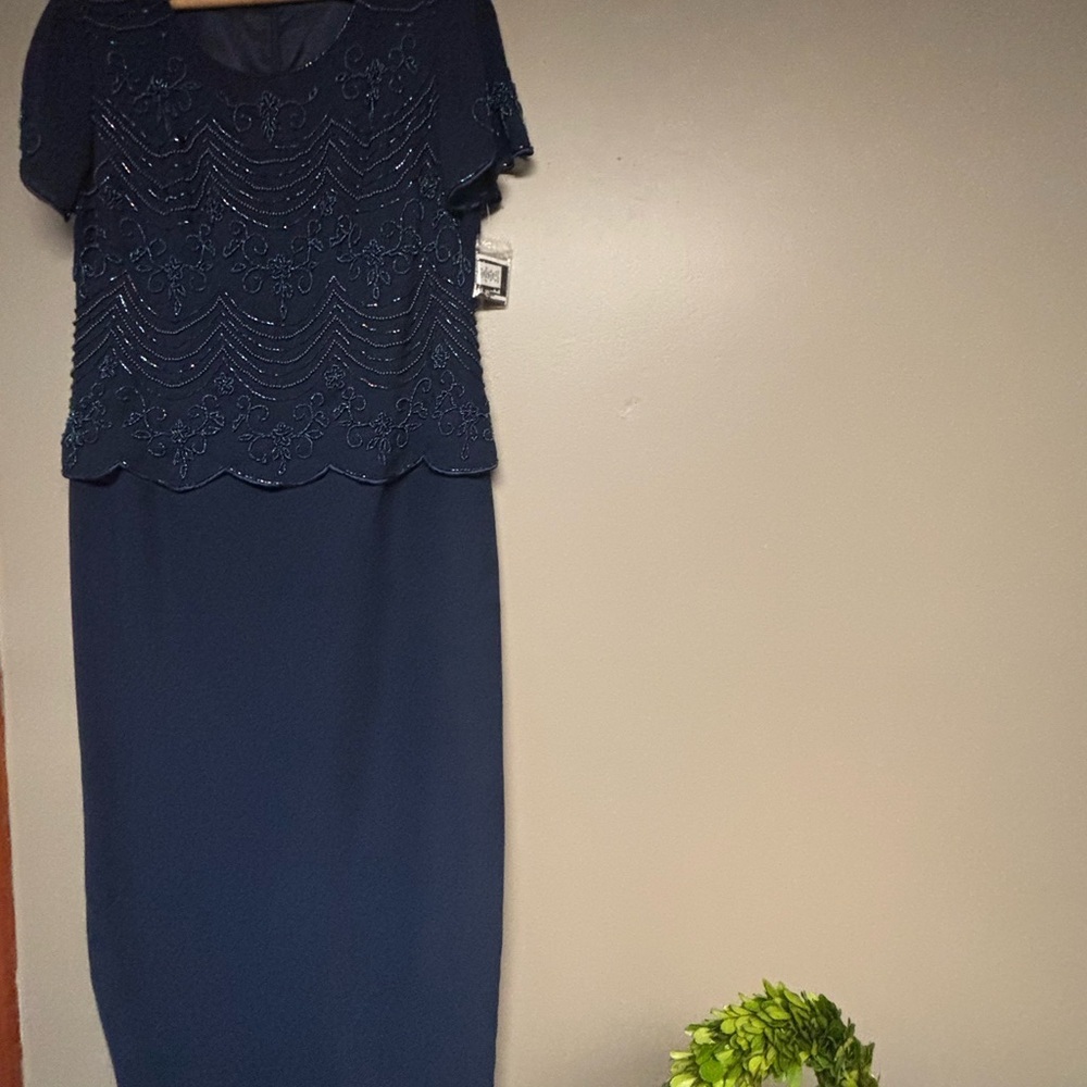R&M Richards Navy Blue Beaded Maxi Dress